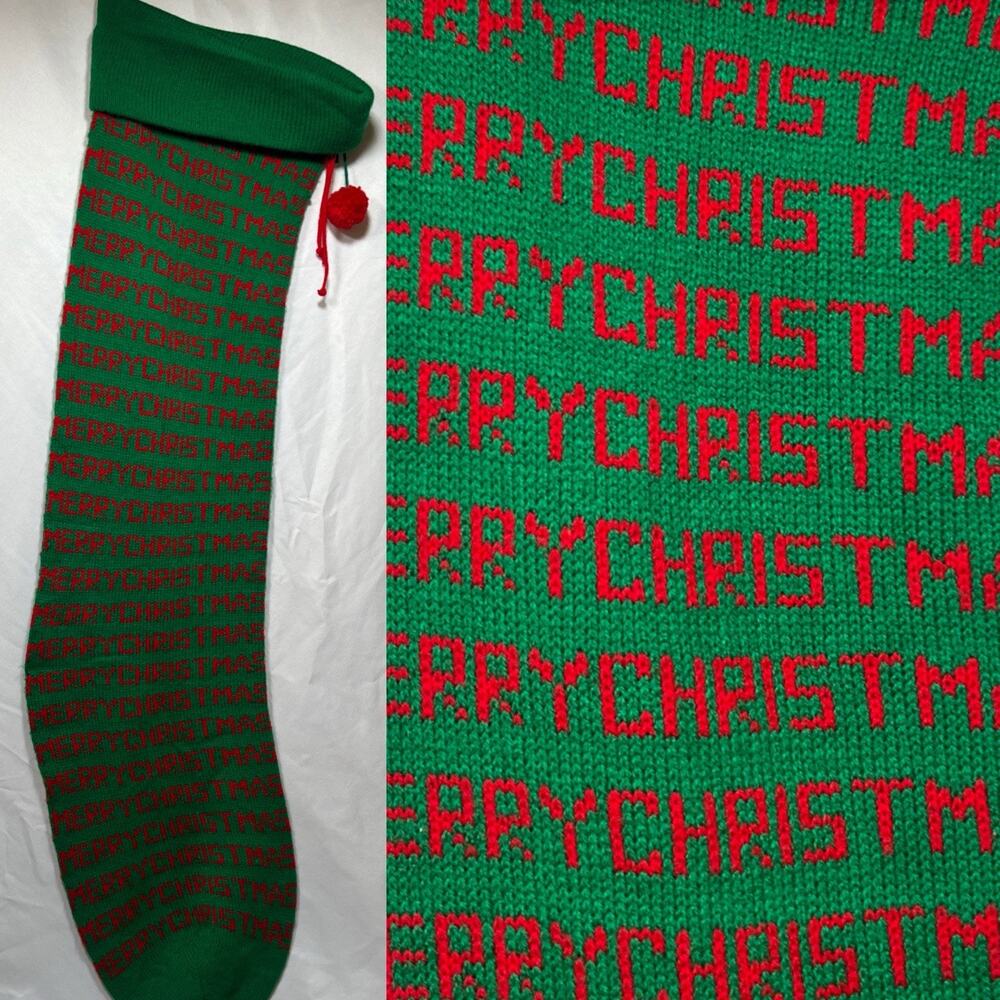 Vintage Merry Christmas Stockings Red & Green Pom 36” Long Huge Jumbo Big